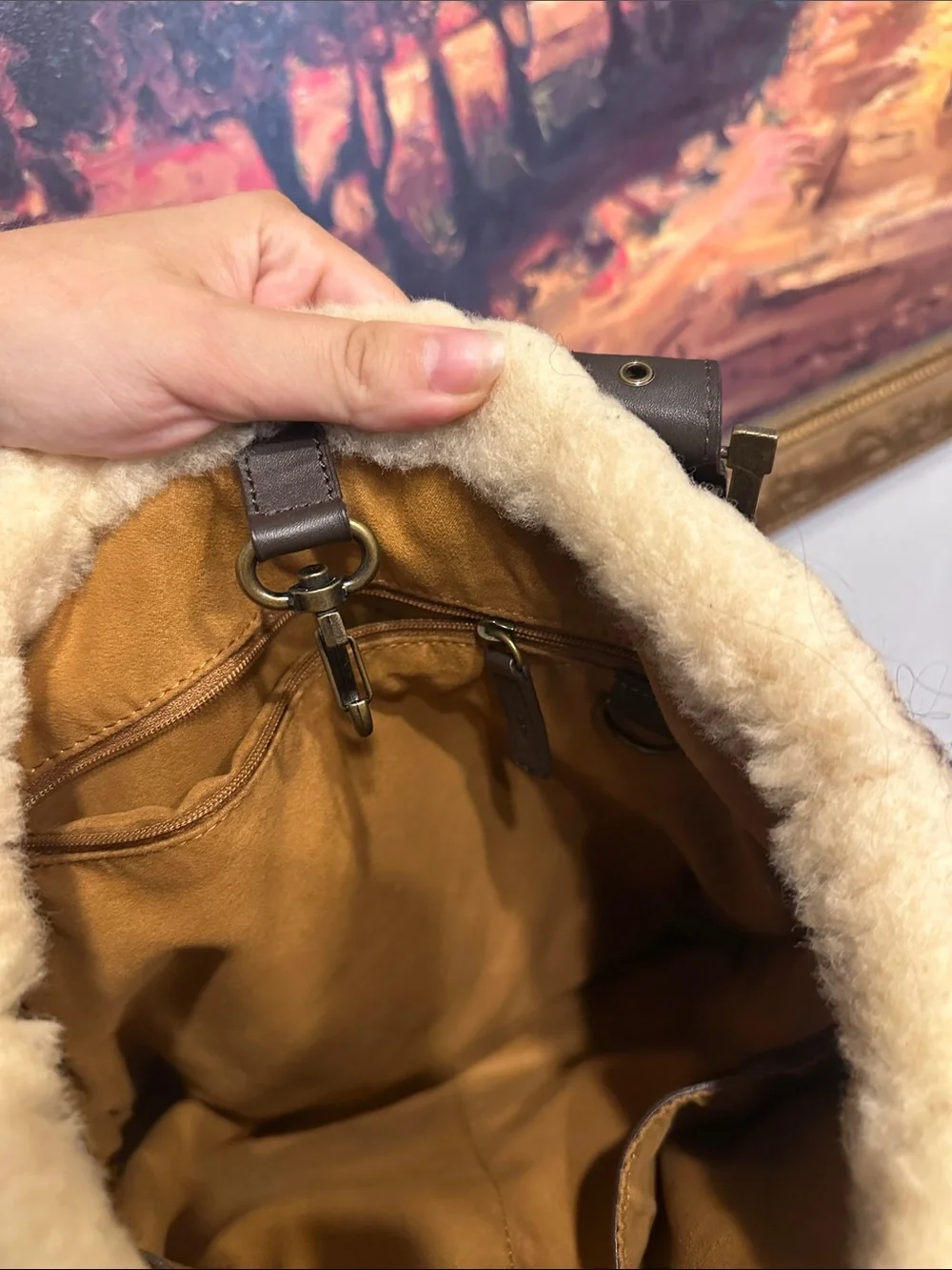 UGG Brown Suede Messenger Tote with Shearling Trim